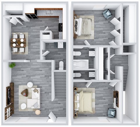 a 3d rendering of a bedroom and a living room with different floor plans